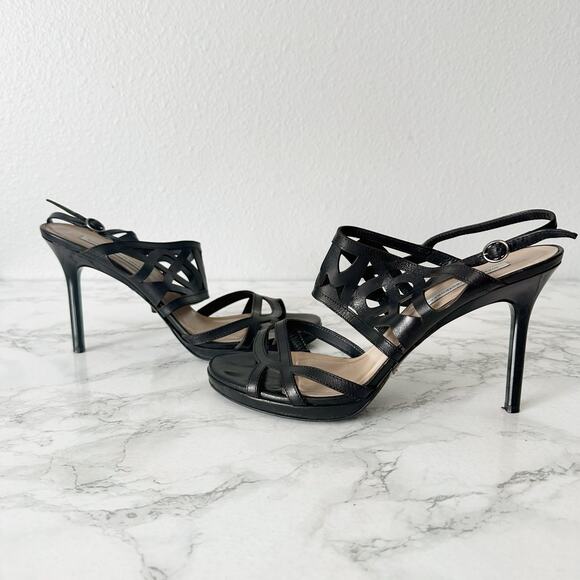 DVF Black Laser Cut Leather Stiletto Heel Open Toe Sandal Women’s Size 10‎ - Picture 9 of 13